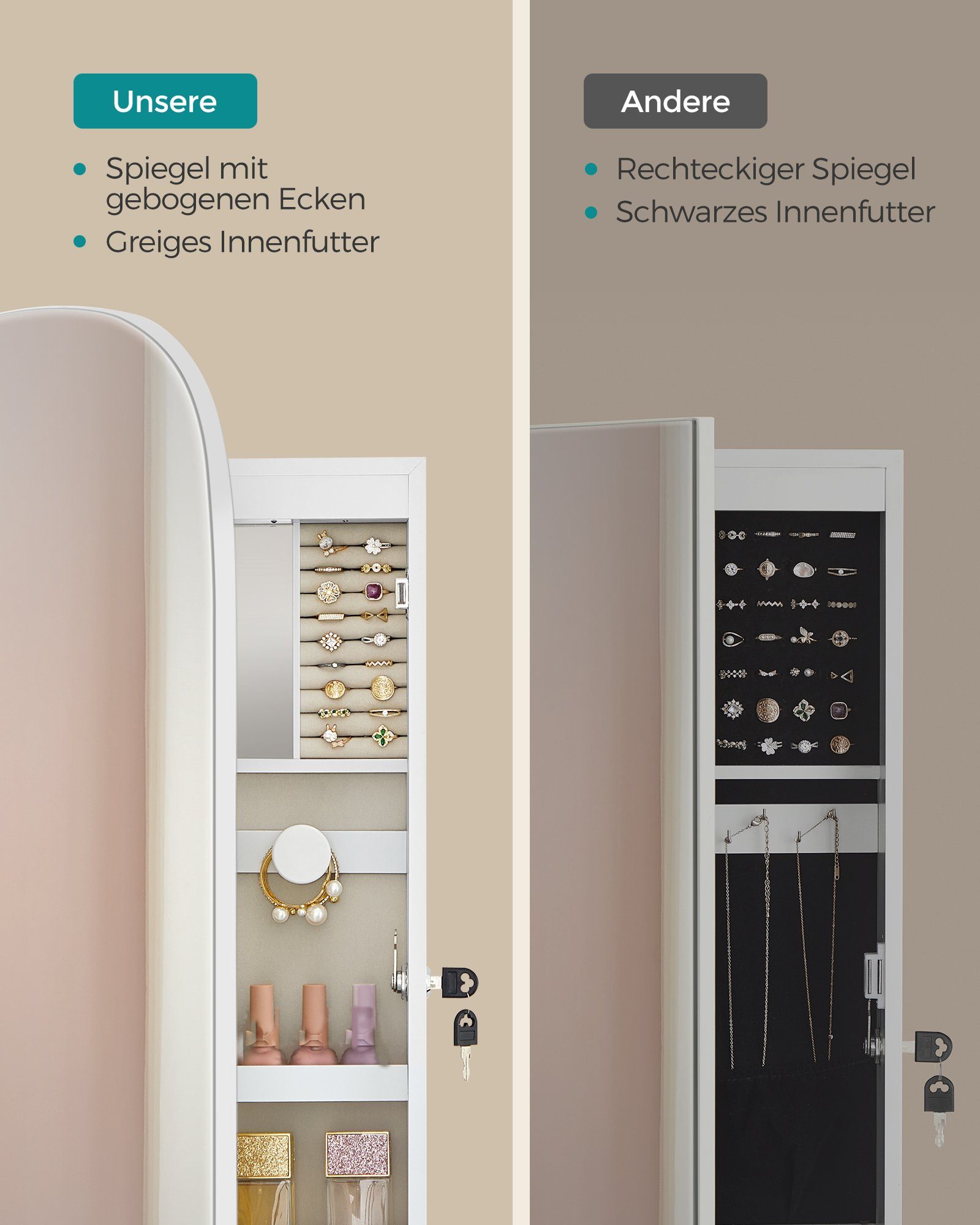 SONGMICS Schmuckschrank Spiegelschrank Wandschrank, mit LED-Beleuchtung