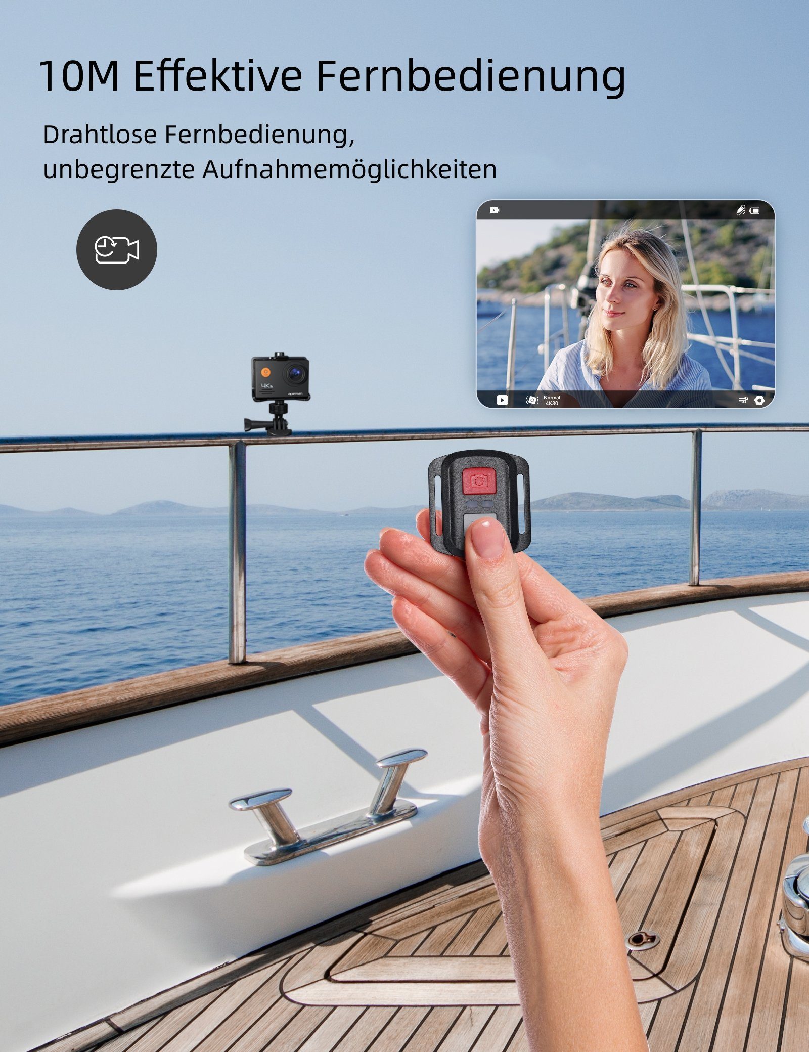 WOLFANG Action Cam (FULL HD, 4K 20MP, 40M wasserdicht, Wi-Fi, Externes Mikrofon, Fernbedienung)
