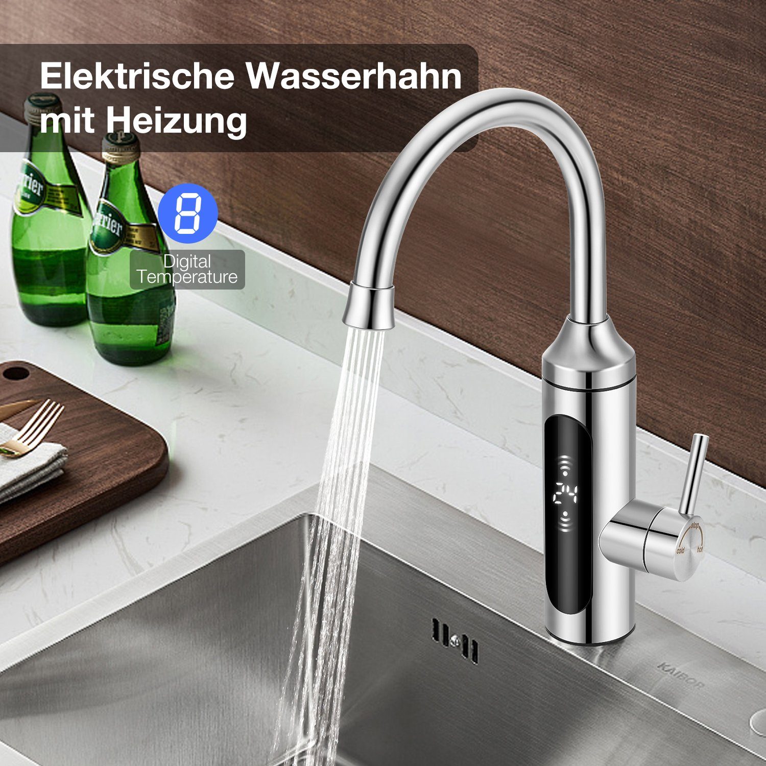 LETGOSPT Klein-Durchlauferhitzer 3000W Elektrisch Wasserhahn LED Temperaturanzeige 360° Drehbar Armatur