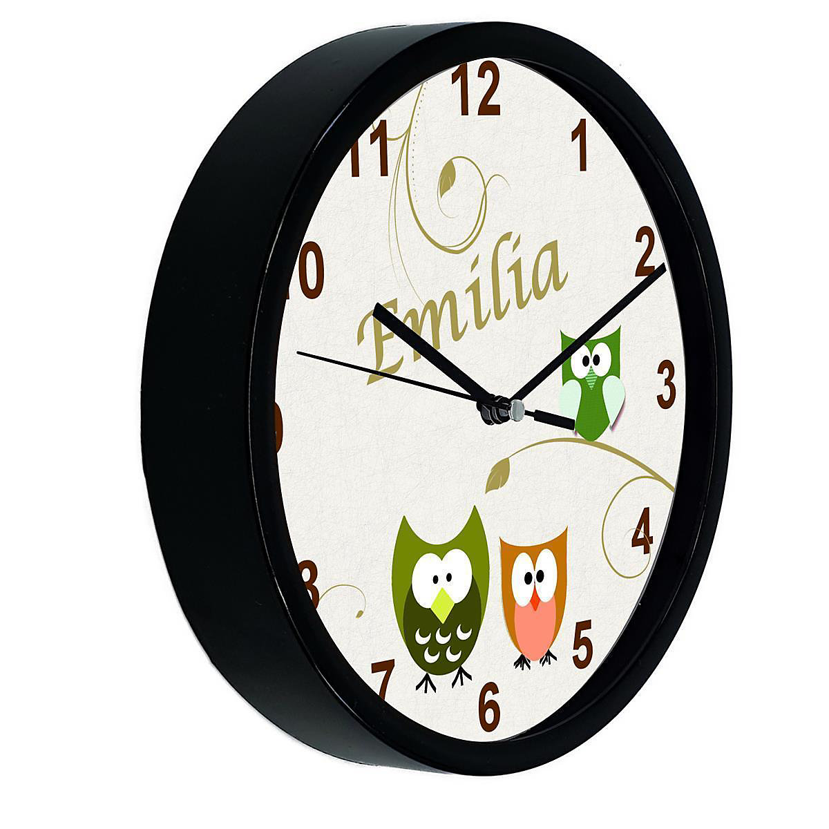 Kinder Wanduhr personalisiert mit Name Eule beige grün orange