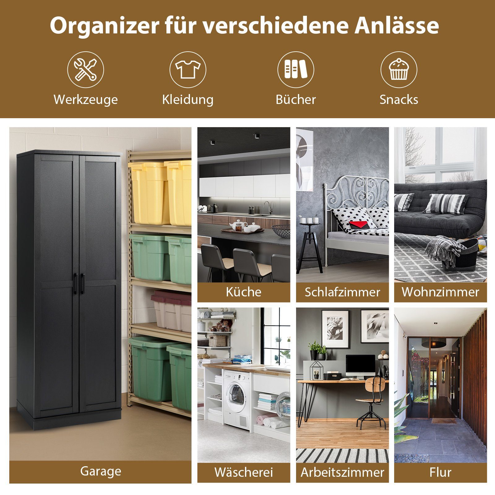 COSTWAY Küchenbuffet Küchenschrank hoch, mit Türen & Regalen, 59x43,5x178cm
