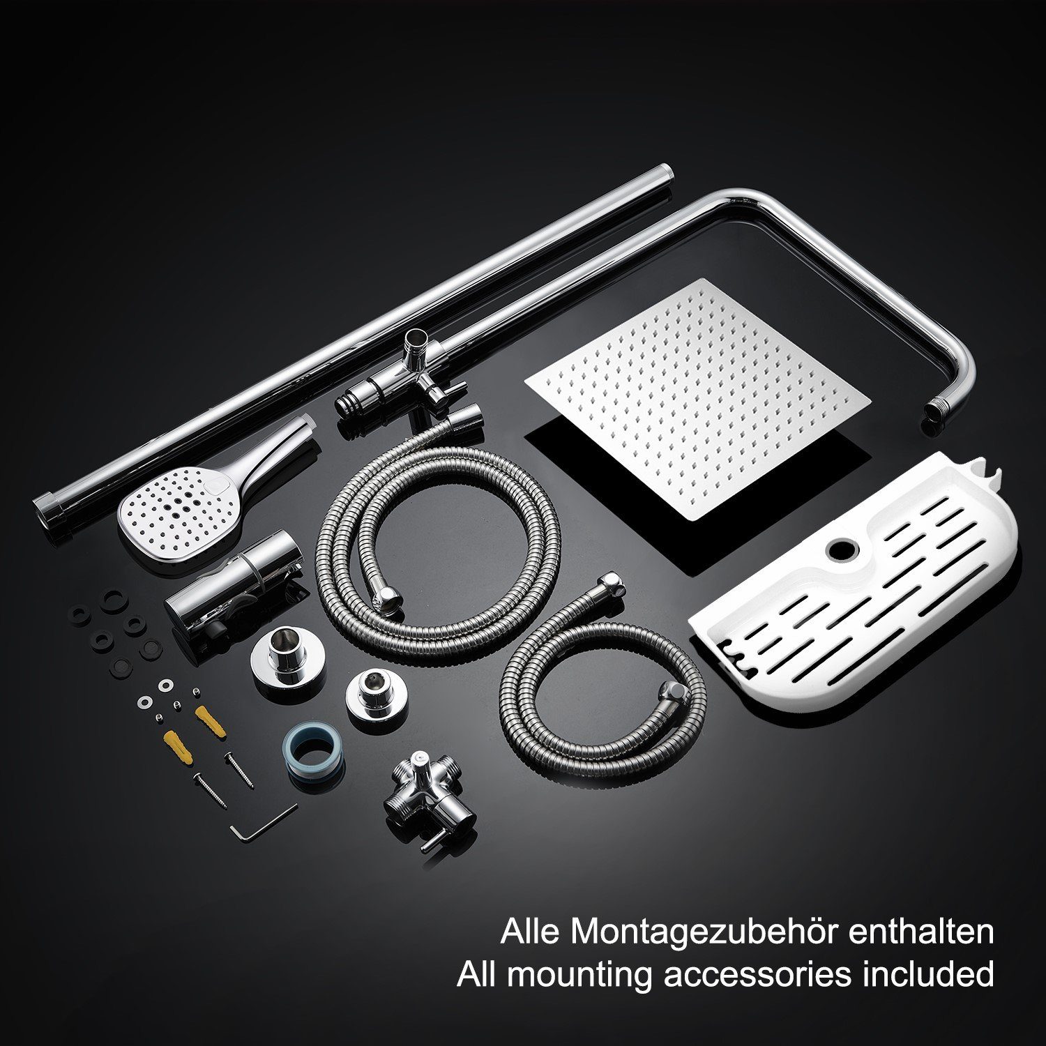 JOHO Duschsystem Duschset schwarz Duschsystem Überkopfbrause Set Regendusche, Höhe 114 cm, 3 Strahlart(en), Kopfbrause 20*20cm, universell einsetzbar für vorhandene Löcher