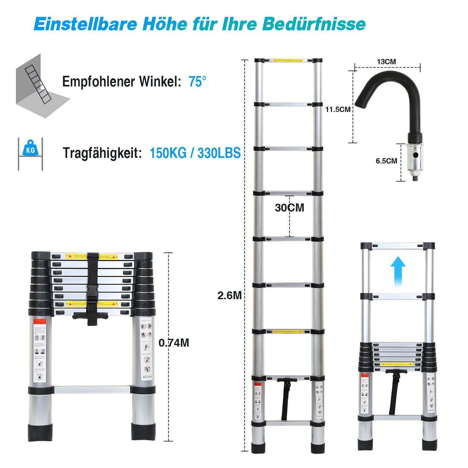 Lospitch Teleskopleiter Teleskopleiter Alu 2.6m Ausziehleiter Anlegeleiter mit haken Silber