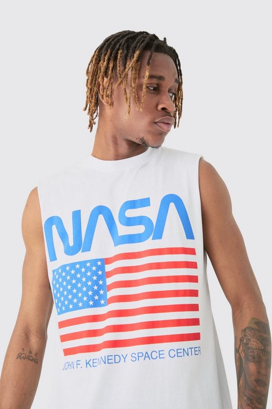 Tall weißes Tanktop mit Nasa-Print