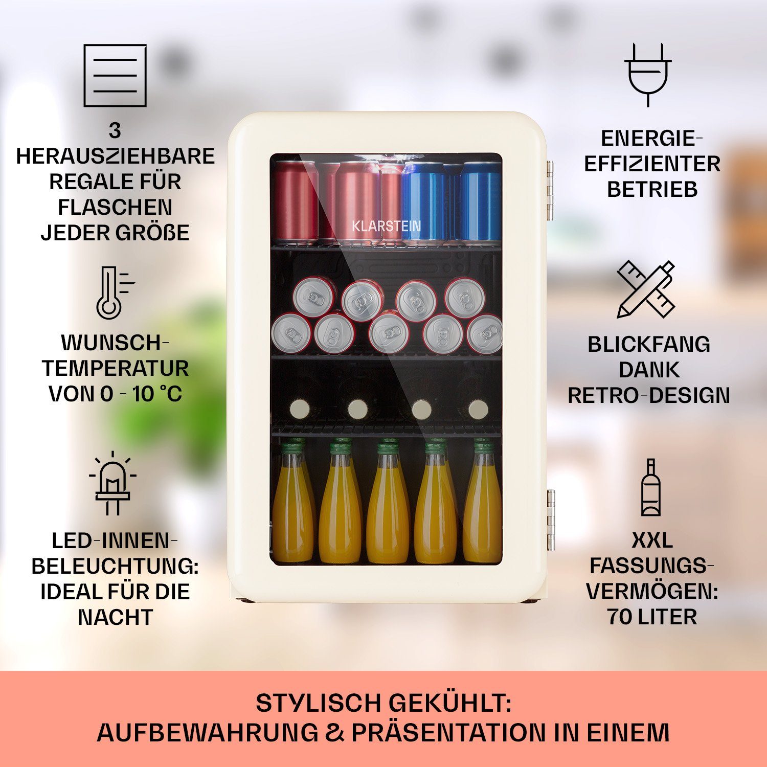 Klarstein Getränkekühlschrank HEA13-PopLife-65L 10040736, 69 cm hoch, 44 cm breit, Bierkühlschrank Getränkekühlschrank Flaschenkühlschrank mit Glastür