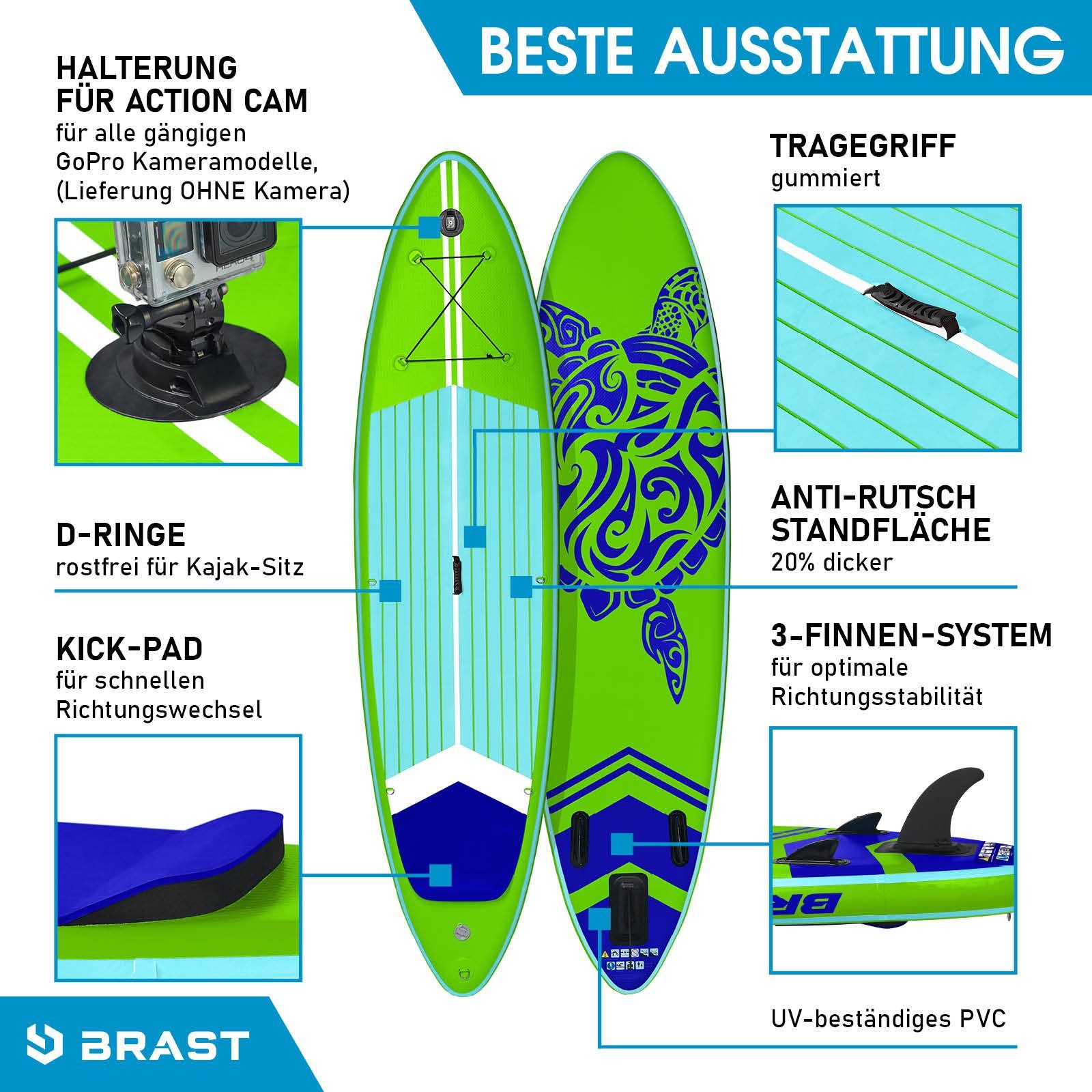 BRAST SUP-Board BRAST SUP Board SUPER Set Aufblasbares Stand up Paddle mit extra Zubehör 320x81x15cm Grün incl. Kajaksitz Kamerahalterung Paddel Fußschleife Rucksack Pumpe