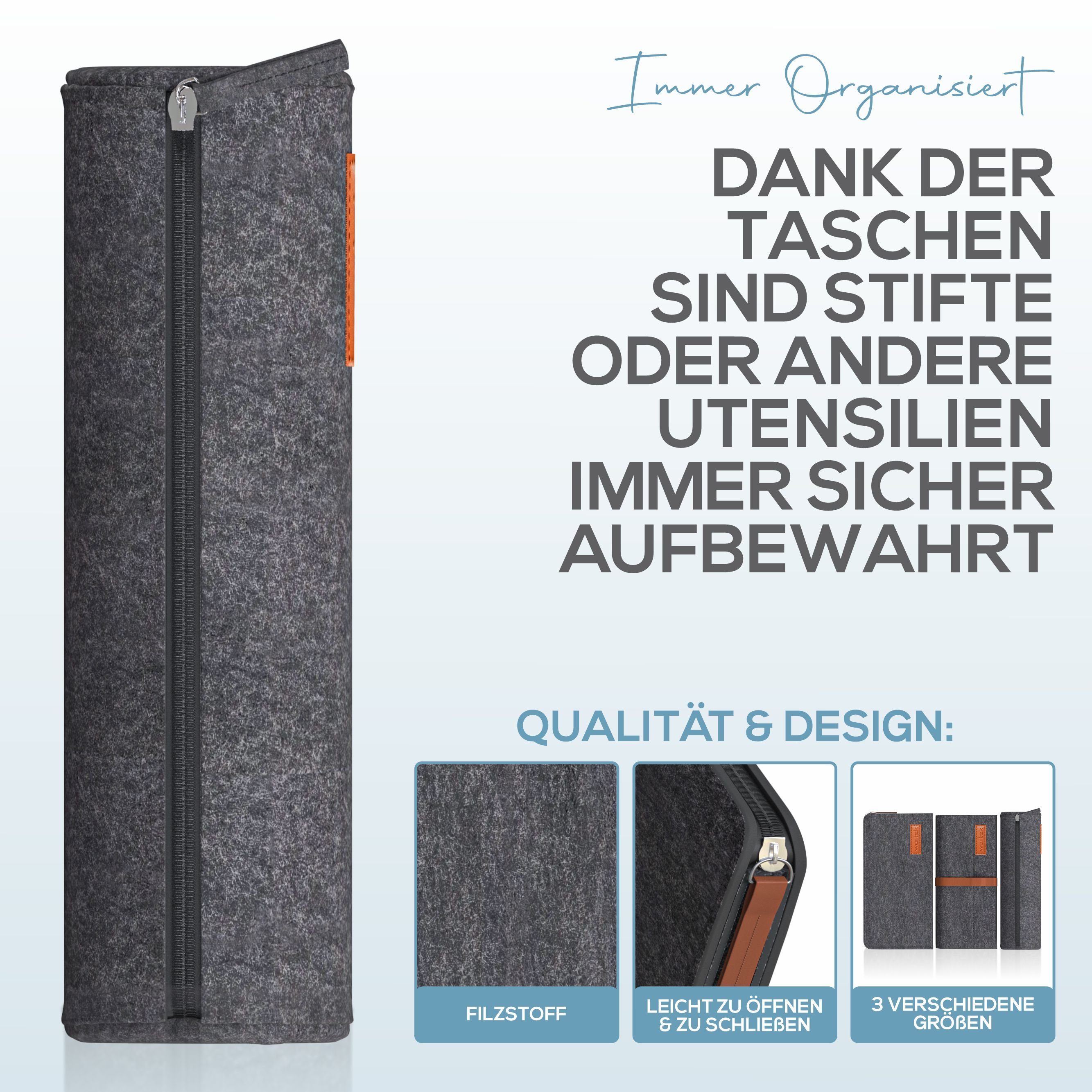 wortek Federmäppchen Filz Federmäppchen, 3fach, 1x Federmappe Mäppchen, 1x Schlampermäppche, (Set), Filztaschen Etui Mäppchen für Schule & Büro