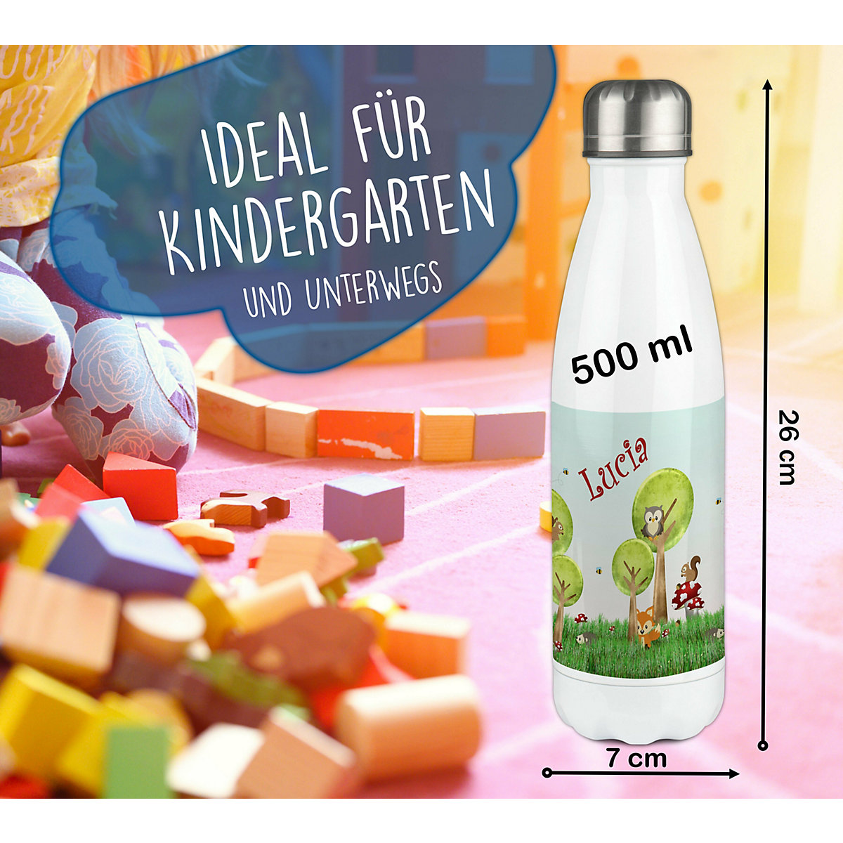 Edelstahl Kinder Thermoflasche / Trinkflasche bunt Waldwiese Spülmaschinenfest, Auslaufsicher, Bruchfest, Doppelwandig, Für Heißgetränke geeignet, Mit Deckel, Isoliert