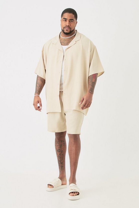 Plus Oversize Leinen-Hemd & Shorts in Natur