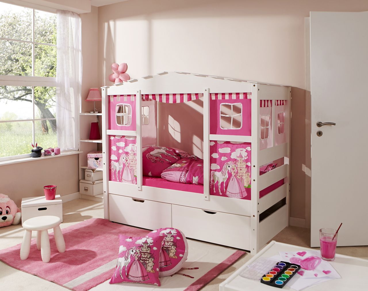 Ticaa Hausbett MINI Prinzessin Rosa Var 4 - mit 2er Schubkästen - inkl. Matratze
