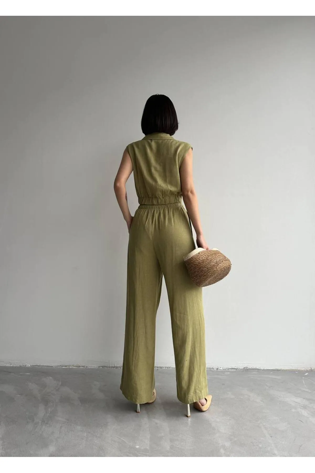 Laluvia  Khakifarbenes, elastisches Weste-Hose-Leinenset aus 100 % Baumwolle