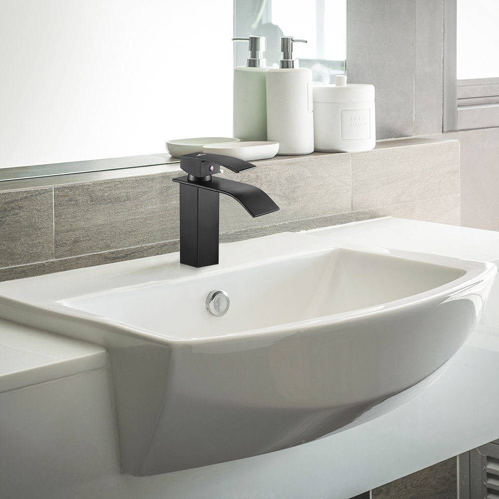 Auralum Waschtischarmatur Schwarz Wasserfall Wasserhahn Bad Waschbecken Armatur Badarmatur Mischbatterie, Gesamthöhe: 183 mm
