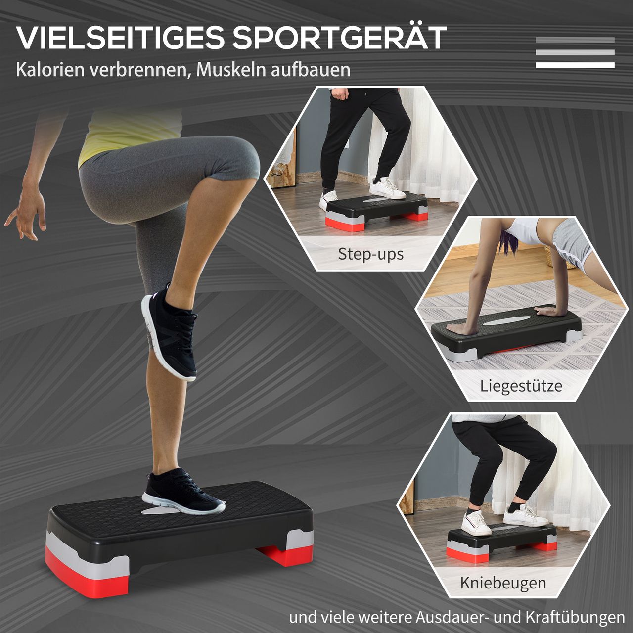HOMCOM Steppbrett Aerobic Fitness Heimtrainer Stepper 2-stufig höhenverstellbar(10/15 cm) geeignet für den Heim und Bürogebrauch Schwarz Grau Rot 68 x 29 x 15 cm
