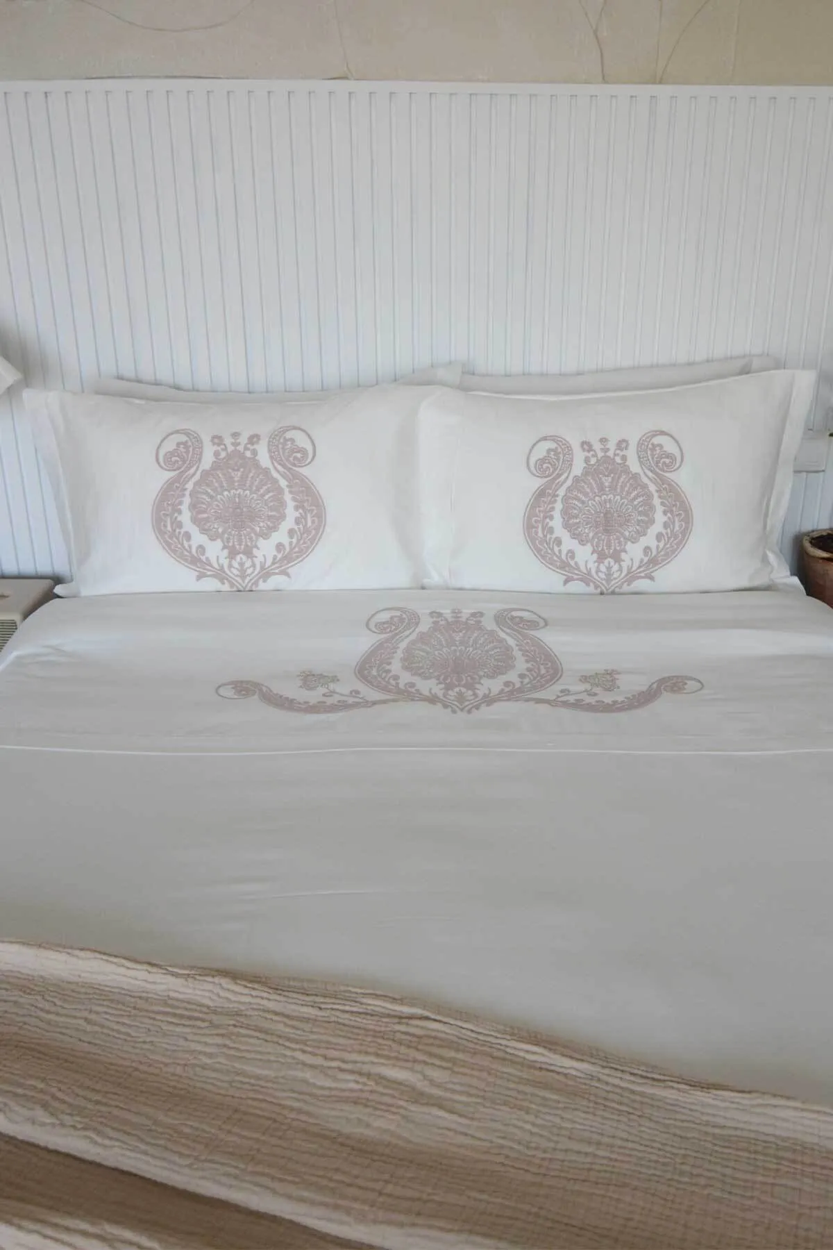 Elart  Bettbezug-Set für Doppelbett, King-Size-Bett, Baumwollsatin, bestickt, 3-teilig, Enora, Ecru