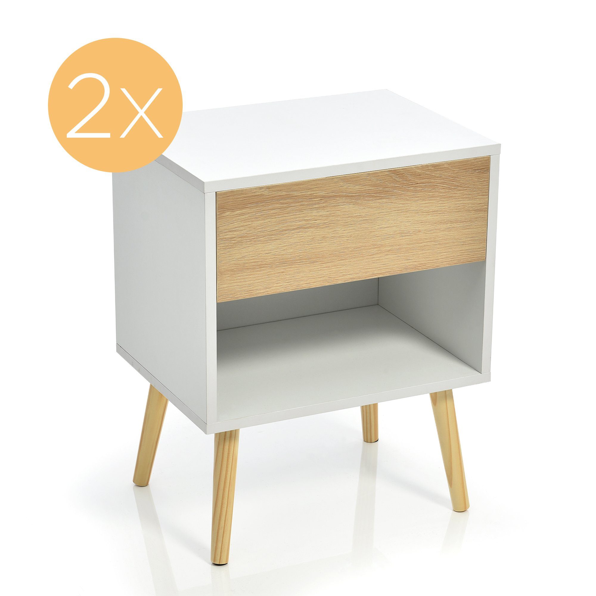 Powerwill Nachttisch 2er Set Massivholz Nachttisch Nachtschrank Beistelltisch (2-St., Holz Beistelltisch Nachtkommode Massivholzfüßen), Nachttischkommode mit Schubladen, für Bett und Schlafzimmer