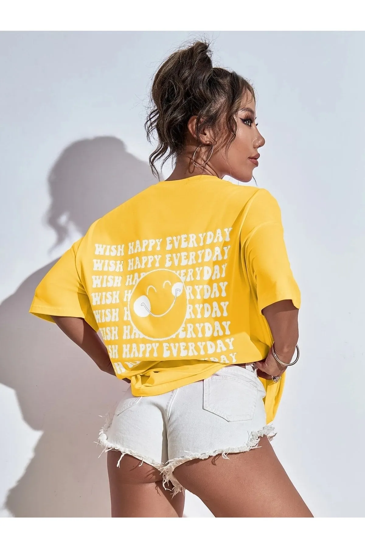 Know  Gelbes, bedrucktes Oversize-T-Shirt „Wish Happy Everyday“ für Damen