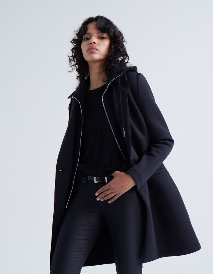 Manteau mi-long néoprène noir femme