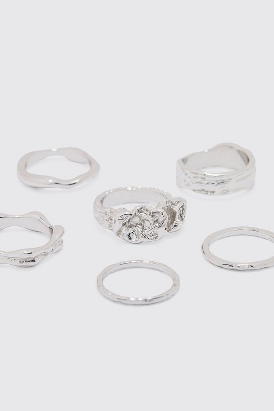 6er-Pack geschnürte Metall-Ringe in Silber