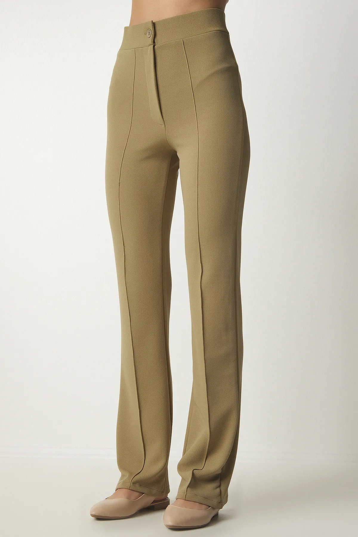 Happiness İstanbul  Bequeme Strickhose aus Lycra in Hellkhaki mit hohem Bund für Damen RV00090