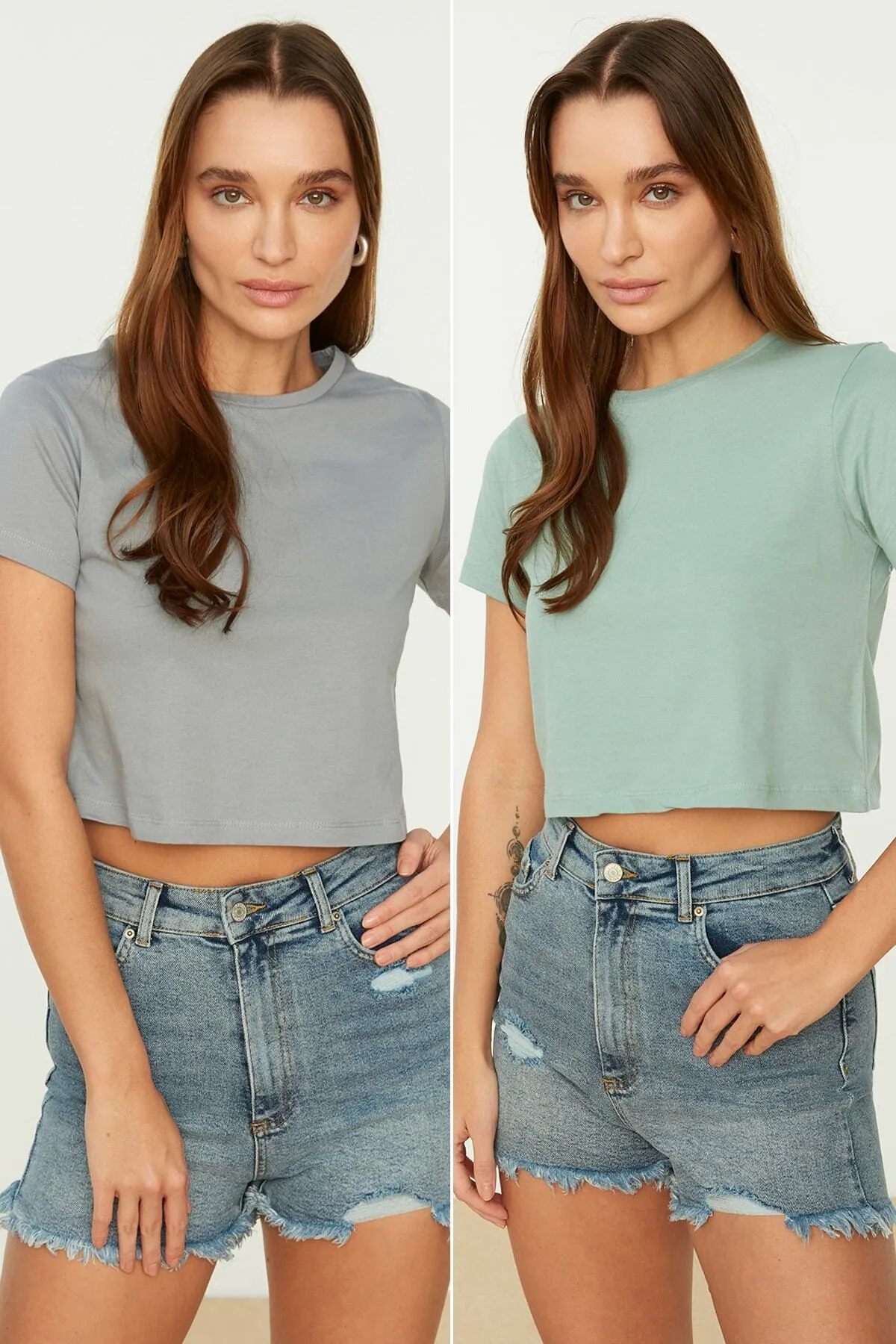 Trendyol Collection  Grau-Mint, 2er-Pack kurze Strick-T-Shirts aus 100 % Baumwolle mit Rundhalsausschnitt TWOSS20TS1480