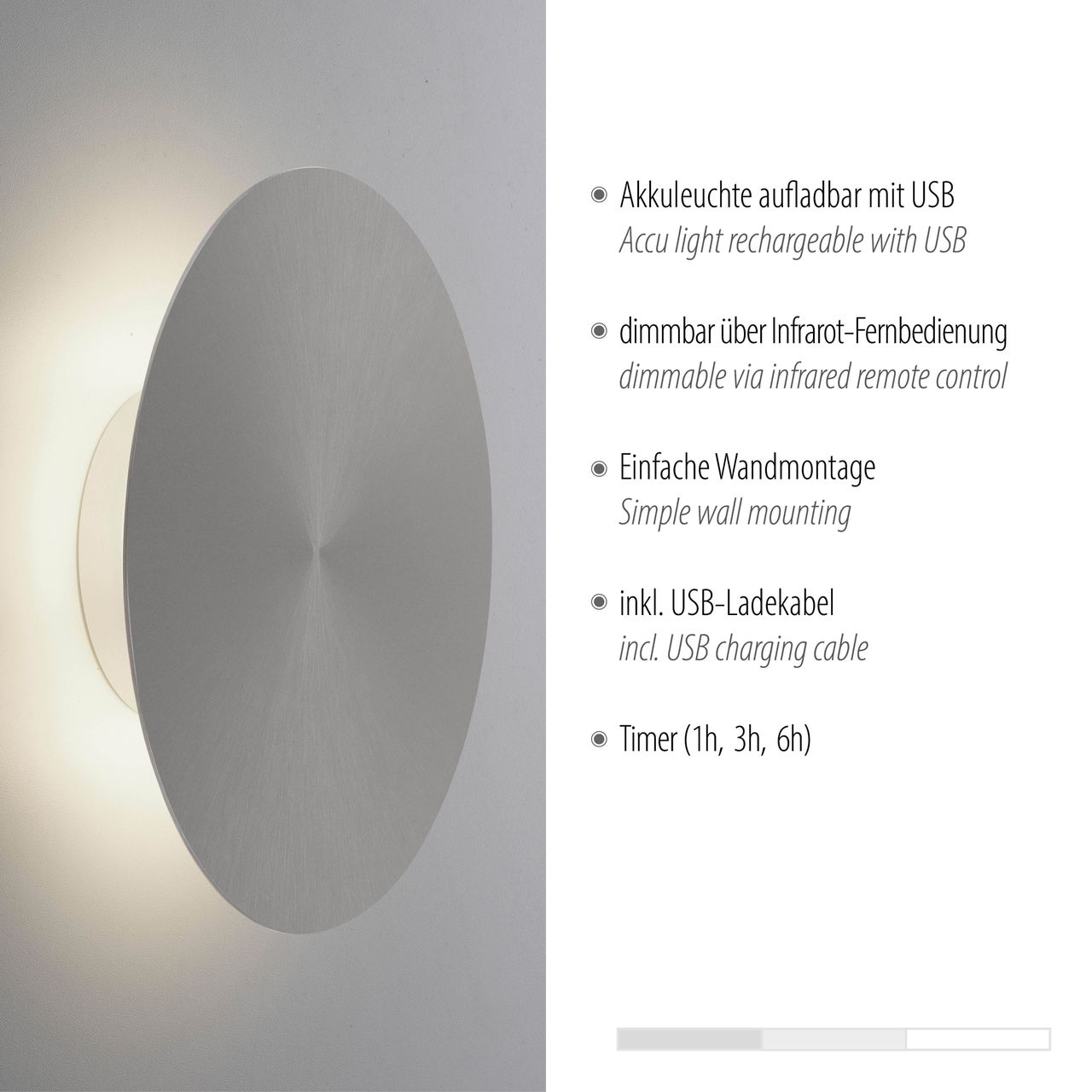 Paul Neuhaus LED Wandleuchte AKKU PUNTUA, Akkubetrieb, Klettverschluss, Grau