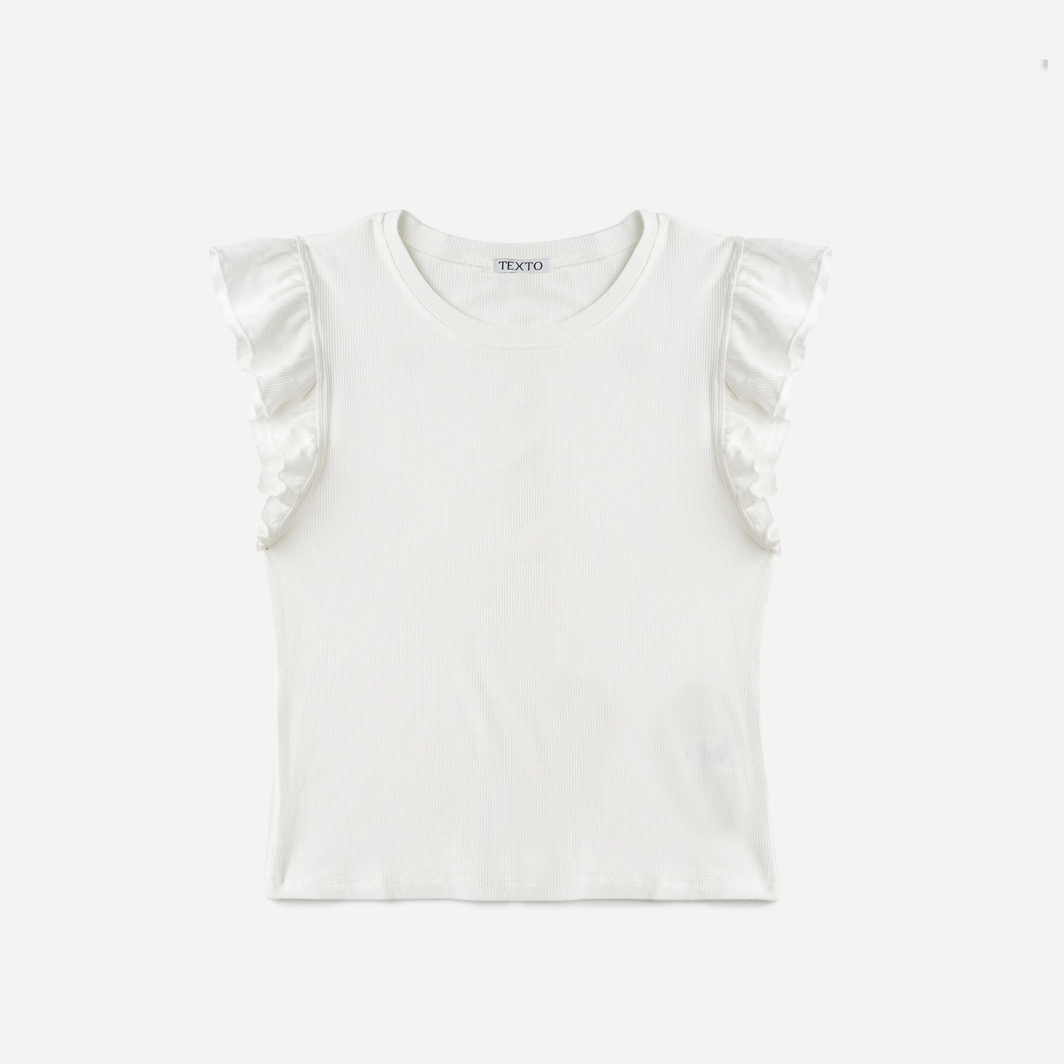 Tee-shirt TEXTO blanc cassé côtelé à manches volantées