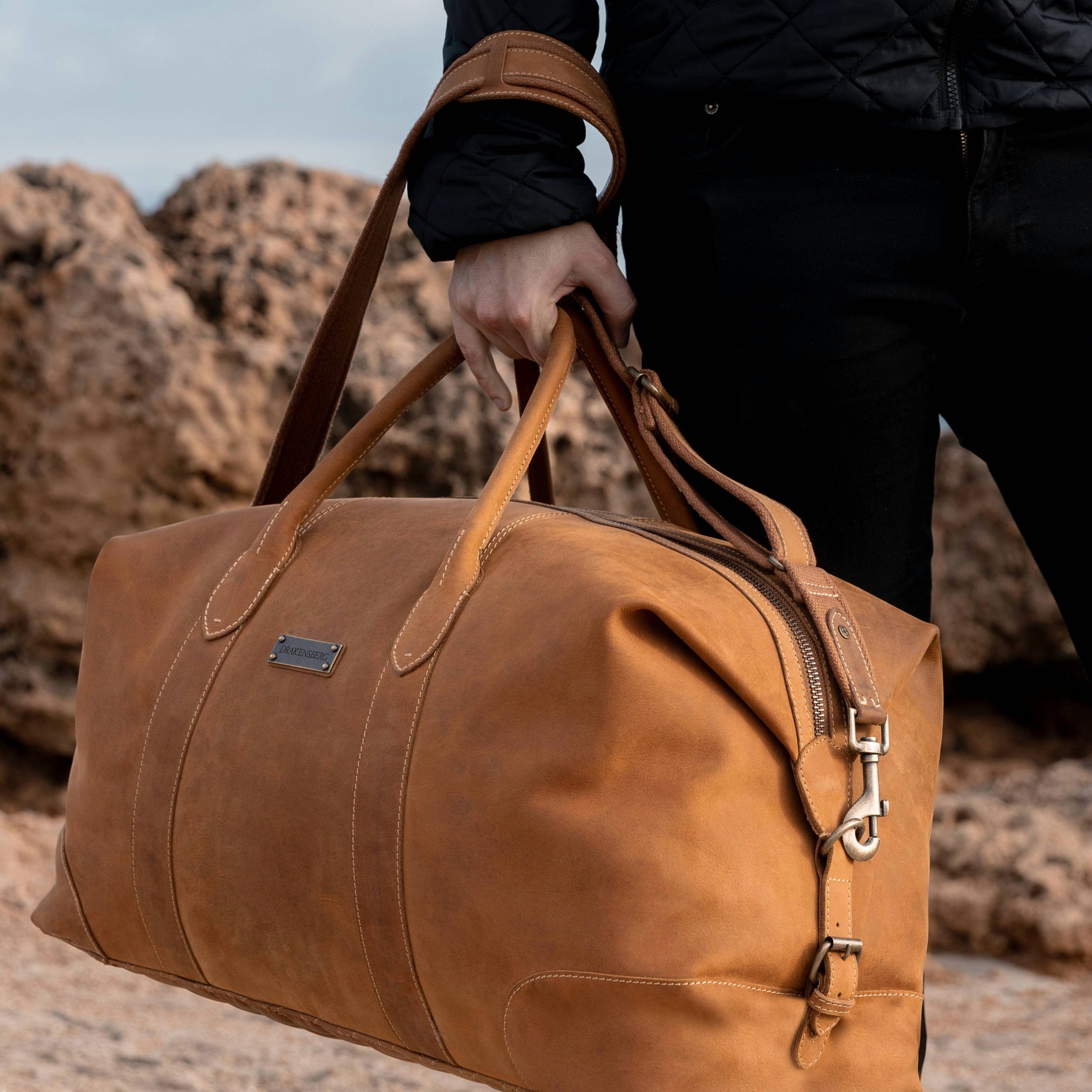 DRAKENSBERG Reisetasche Weekender David Cognac-Braun, aus vollnarbigem Premium Leder für Herren und Damen im Vintage-Design
