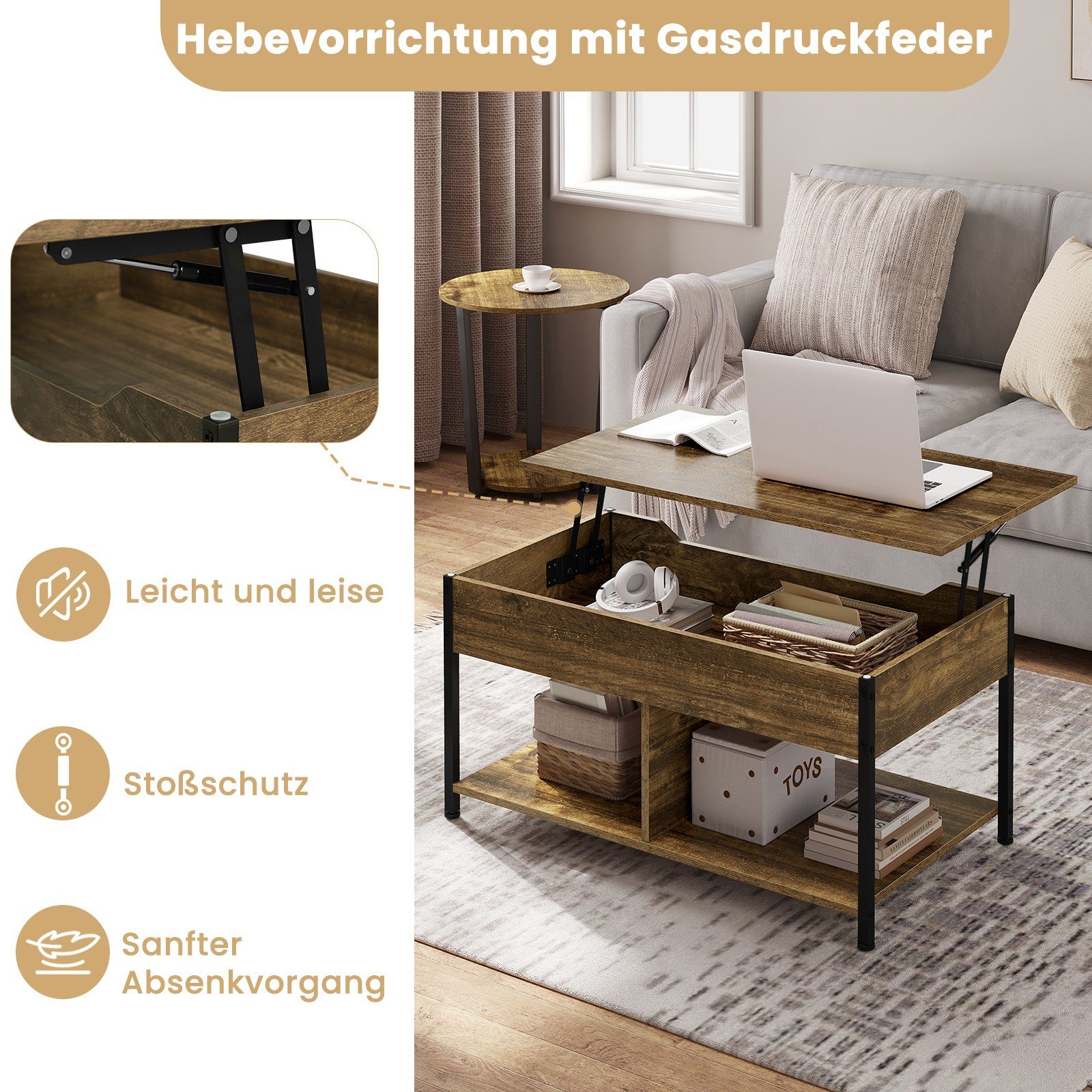 Woltu Couchtisch (1-St), offener und versteckter Stauraum, höhenverstellbar