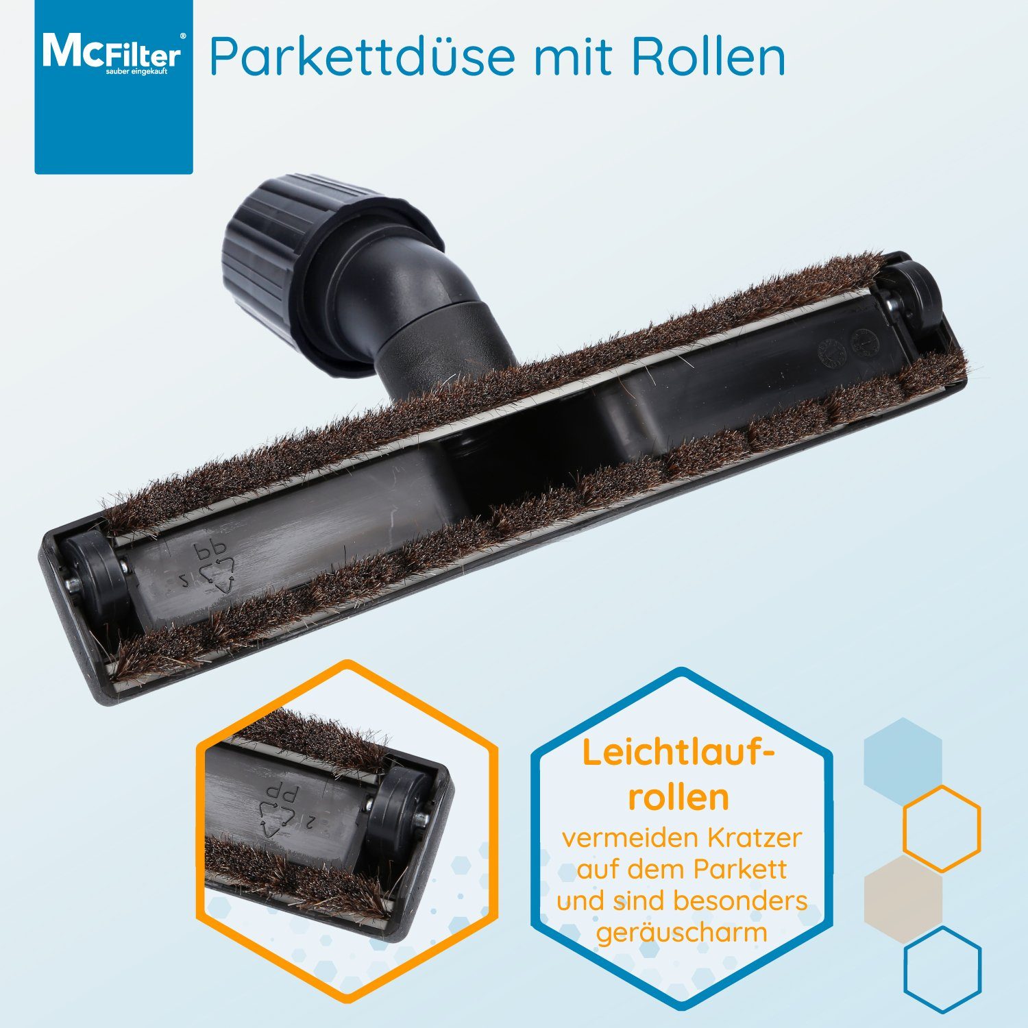 McFilter Parkettdüse Universal mit Vario-Anschluss, Zubehör für alle Staubsauger mit Saugrohranschluss (30-37 mm), (1-tlg), mit 2 Bürsten, Rosshaar, 2 Filzlaufräder an Unterseite