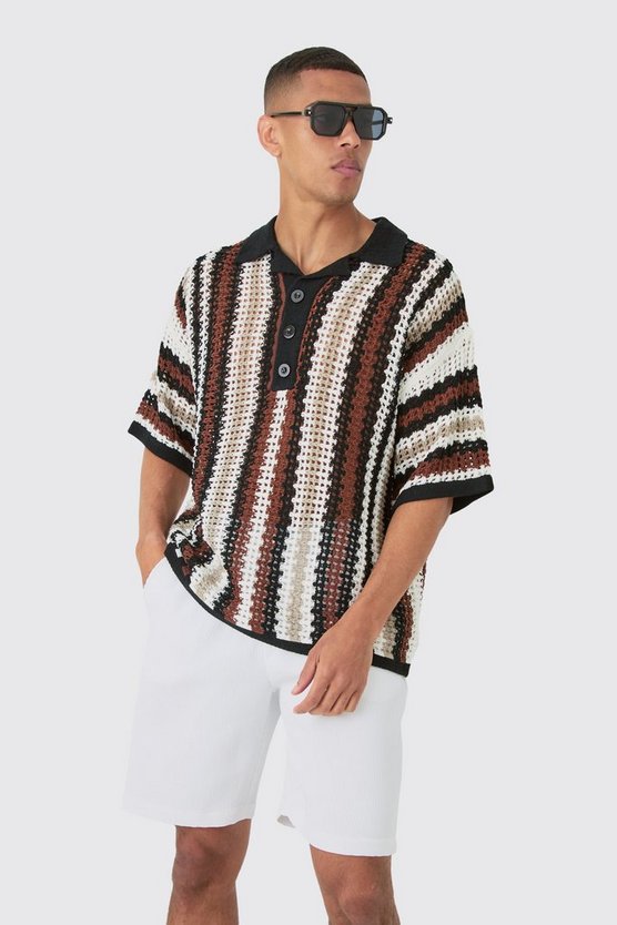 Oversize Strick-Poloshirt mit Streifen