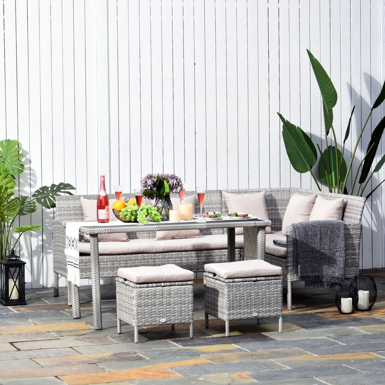 Outsunny 5-tlg. Gartenmöbel Set Rattan Sitzgruppe mit Fußhocker Metall Grau 134 x 60 x 75 cm