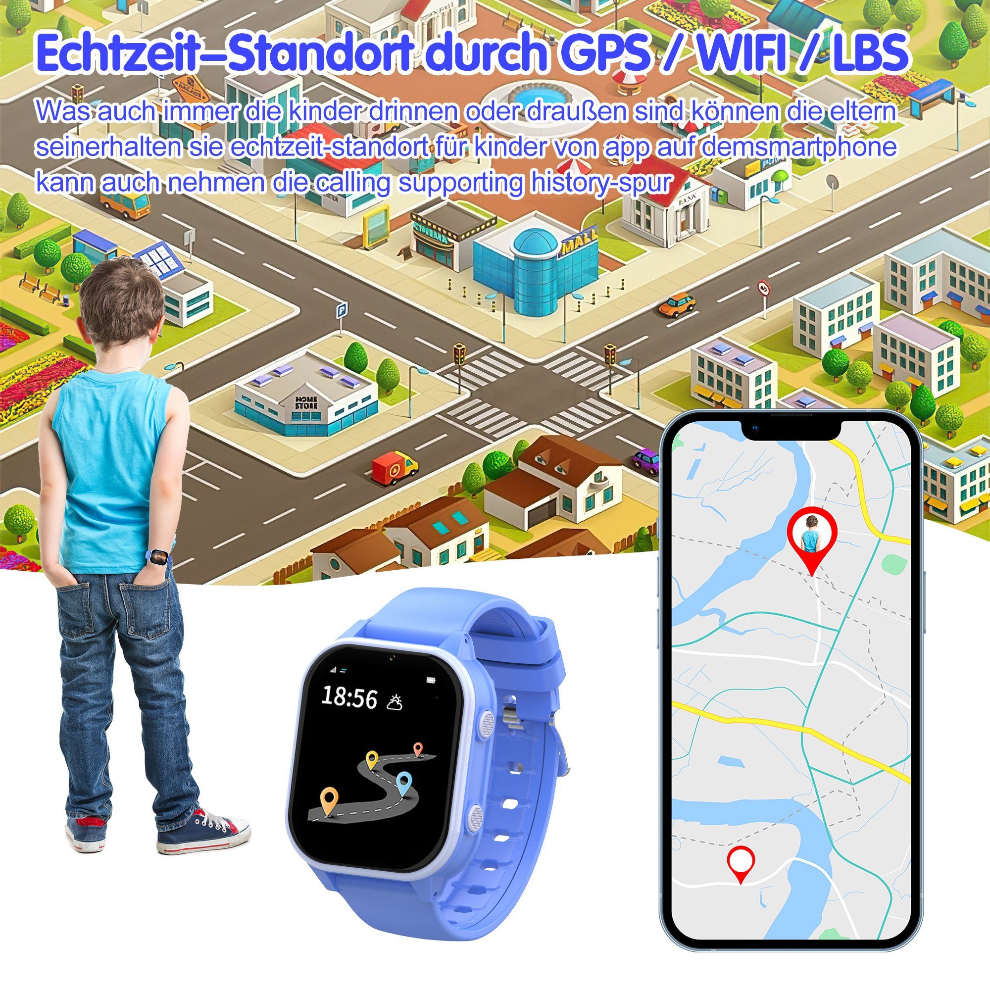 Tisoutec Kinder Smartwatch Telefon,Anrufe,Nachrichten,SOS-Funktion, Smartwatch (1.85 cm), Touchscreen Kinder Smartwatch, Smartwatch Telefon für Kinder - 4G, Kamera,telefonieren, SMS empfangen