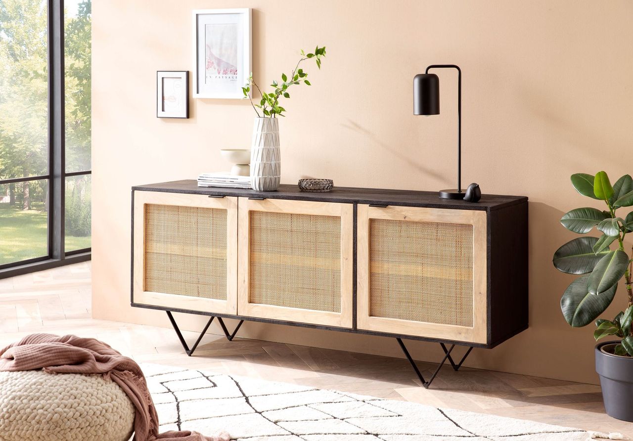 Wohnling Sideboard 175x75x45 cm Massivholz Rattan Anrichte Kommodenschrank
