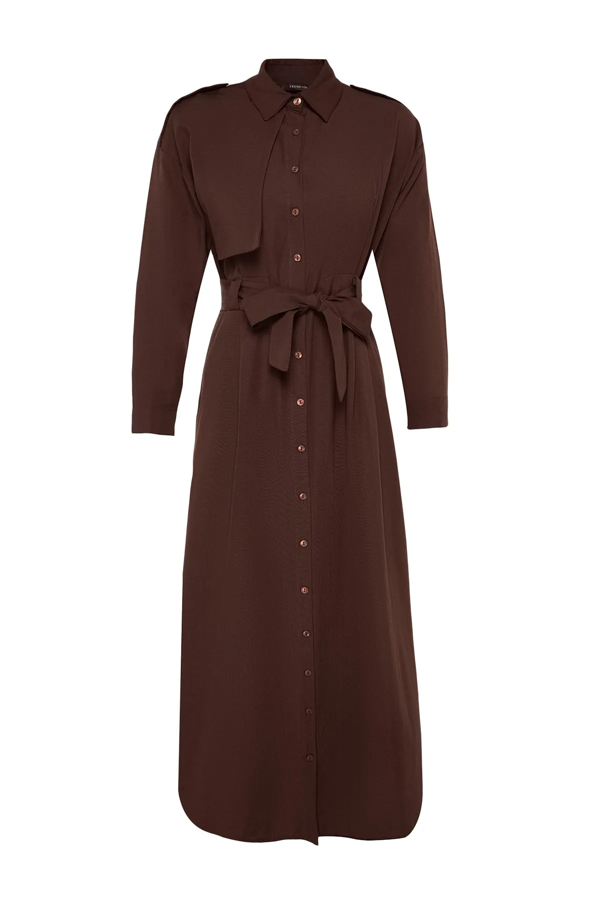 Trendyol Modest  Braunes gewebtes Aller Piece-Kleid mit Gürtel TCTAW24EB00092