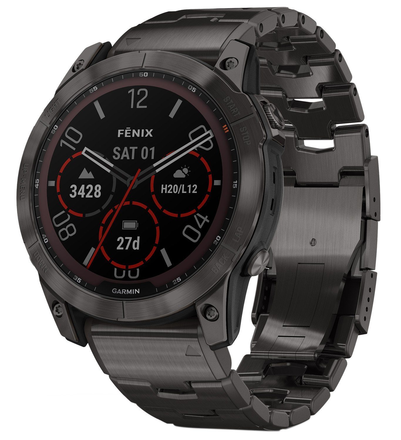 Garmin fenix 7X Saphir Solar Schwarz mit Titan-Band Fitnessuhr (3.55 cm/1.4 Zoll, Proprietär), 1-tlg.