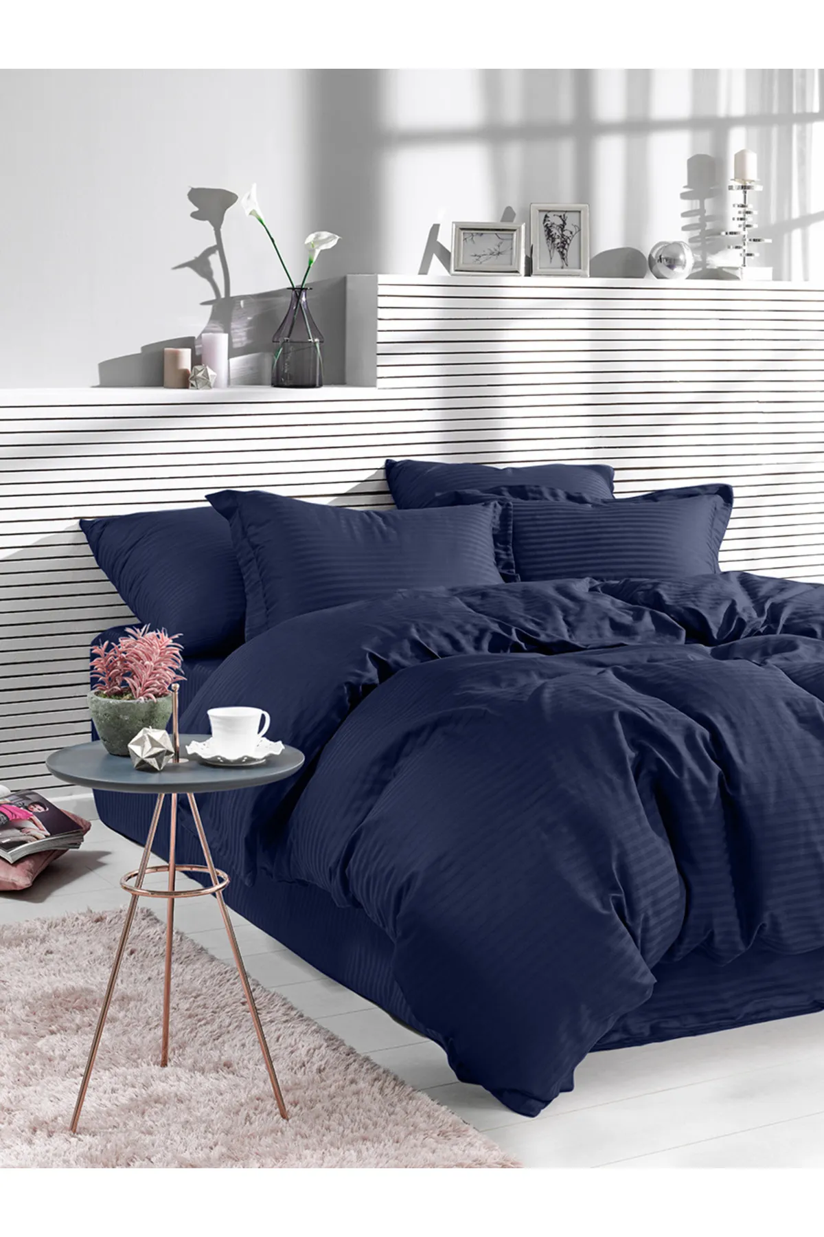 Karna Home  Streifen-gestreiftes Bettbezug-Set aus doppeltem Baumwollsatin, Marineblau