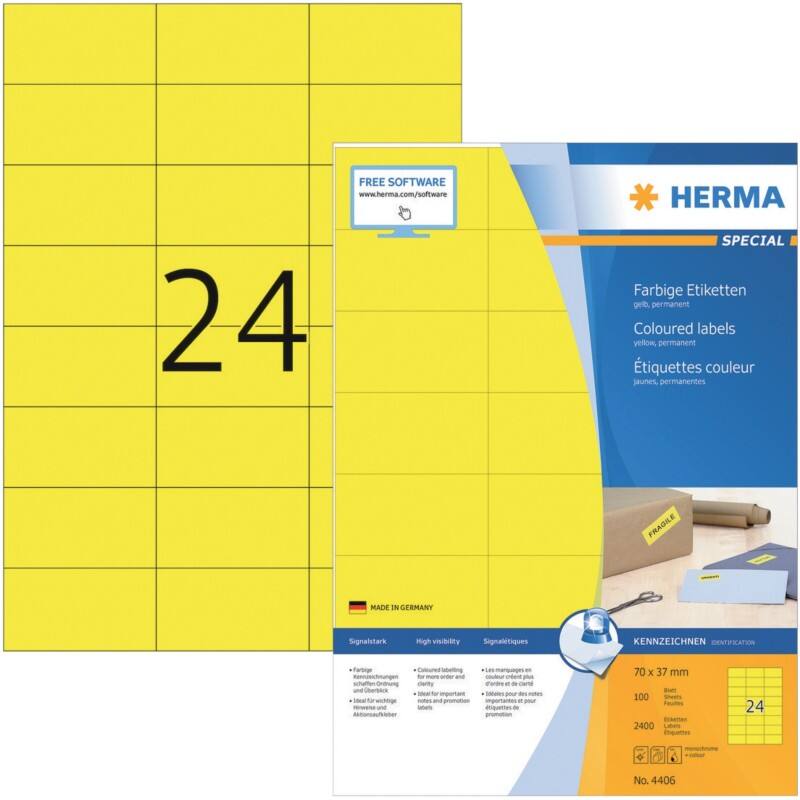 HERMA 4406 Multifunktionsetiketten SuperPrint Gelb Rechteckig 2400 Etiketten pro Packung