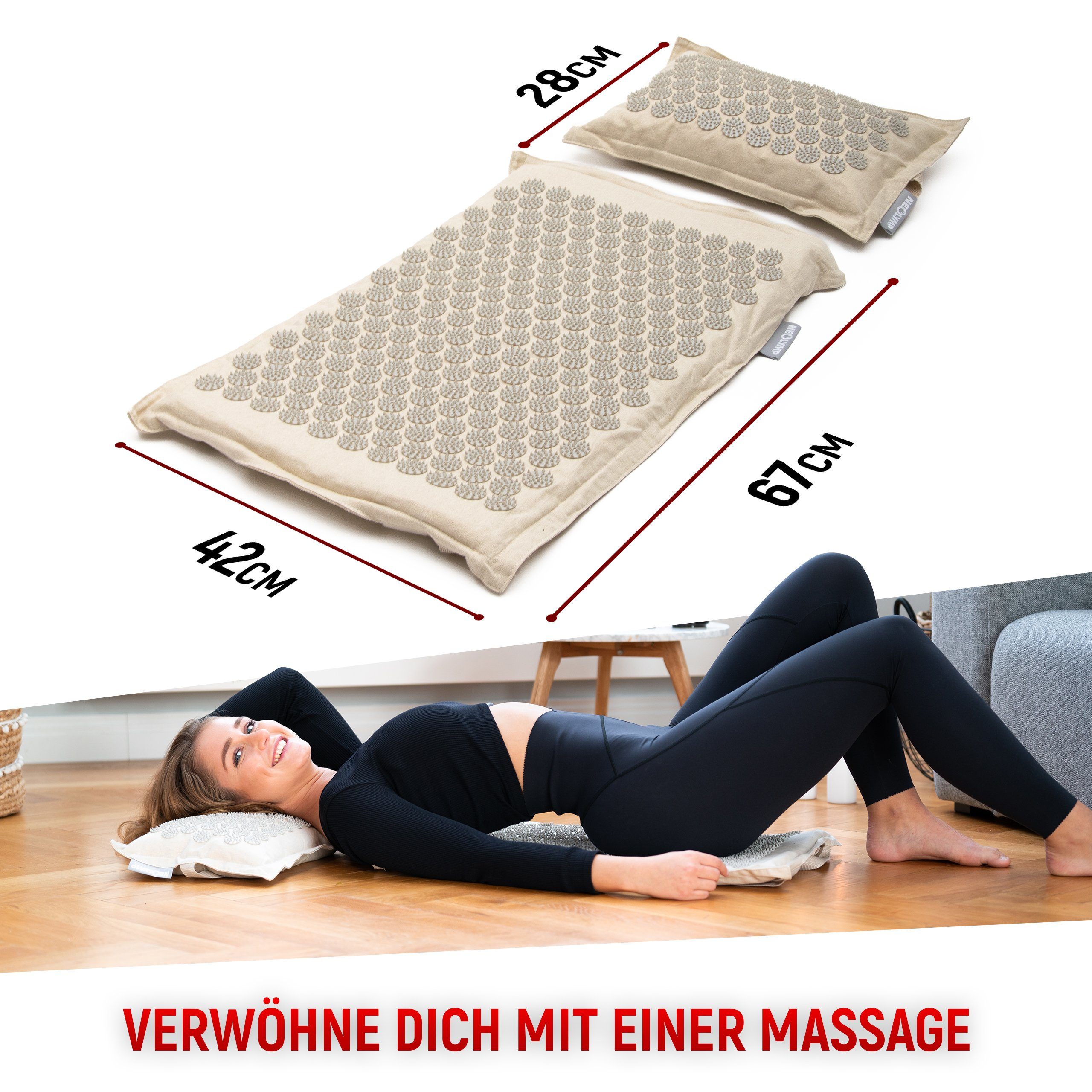 NEOLYMP Akupressurmatte 100% Leinen, Kokosfaserfüllung, Buchweizen - 6.930 Druckpunkte (Set, Akupressurmatte, Akupressurkissen, Baumwolldecke), Klettverschluss, wandelbar zur Tragetasche, Ganzkörpermassage