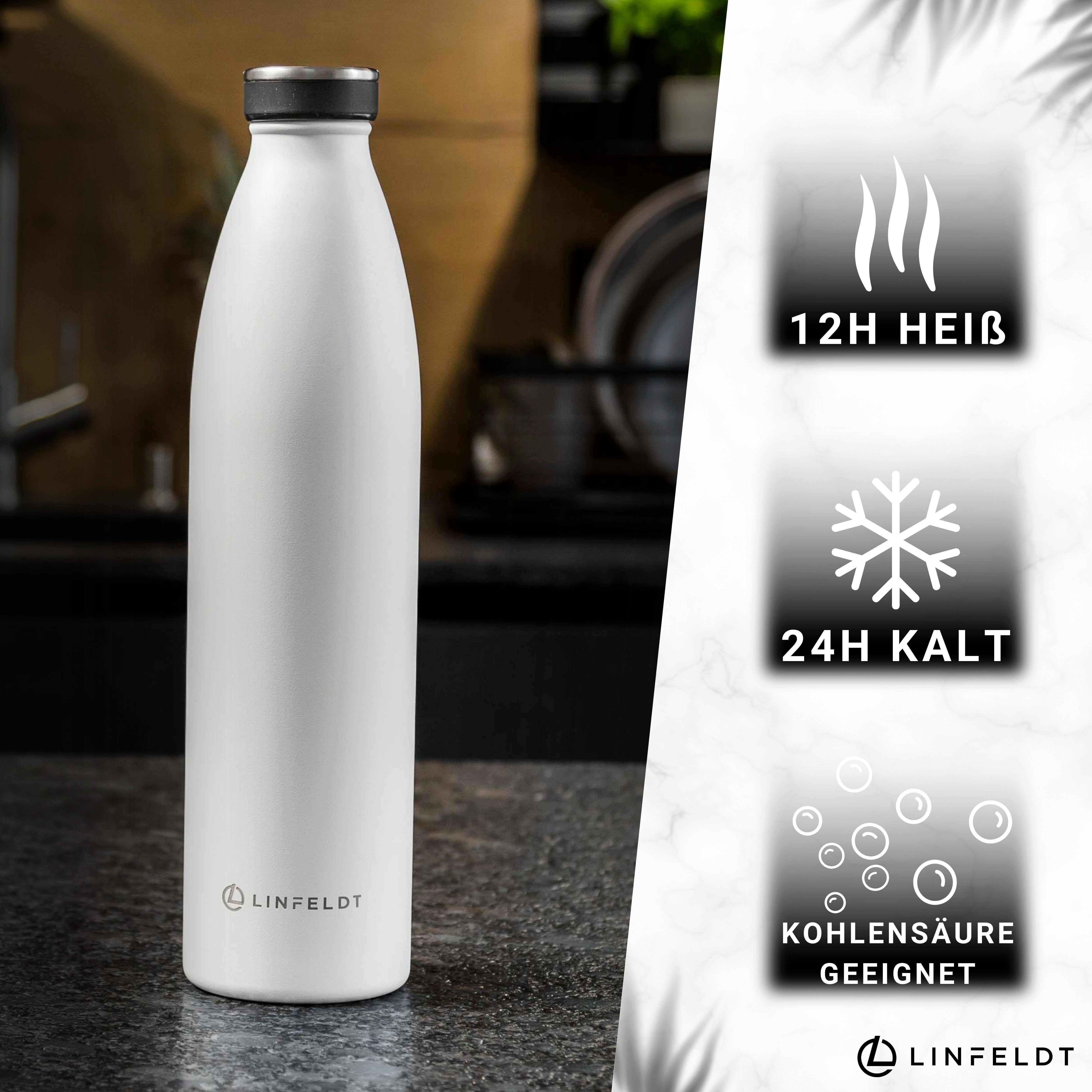 LINFELDT Trinkflasche 1L Trinkflasche Edelstahl Isoliert 24H Auslaufsicher + Sprudel, Edelstahl (Kohlensäure geeignet)