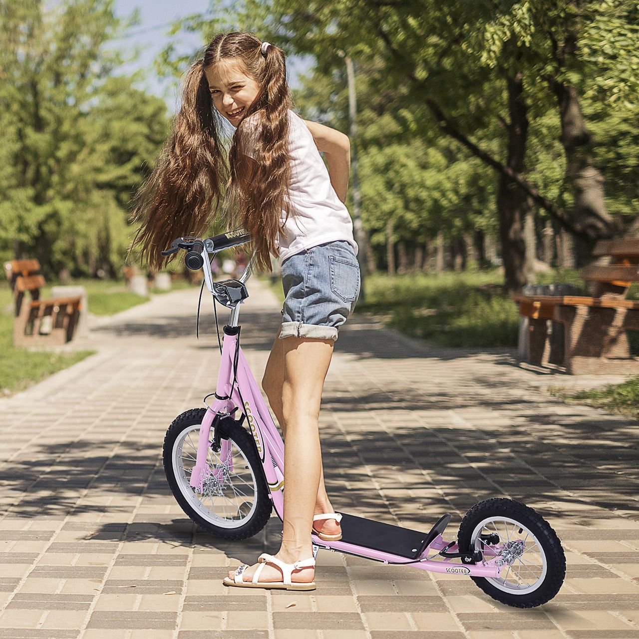 HOMCOM Kinderroller mit Bremsen 16/12 Zoll Scooter Tretroller Cityroller Kinder Roller Kickboard für 5  Jahre Kinder Rosa 135 x 58 x 92-100 cm