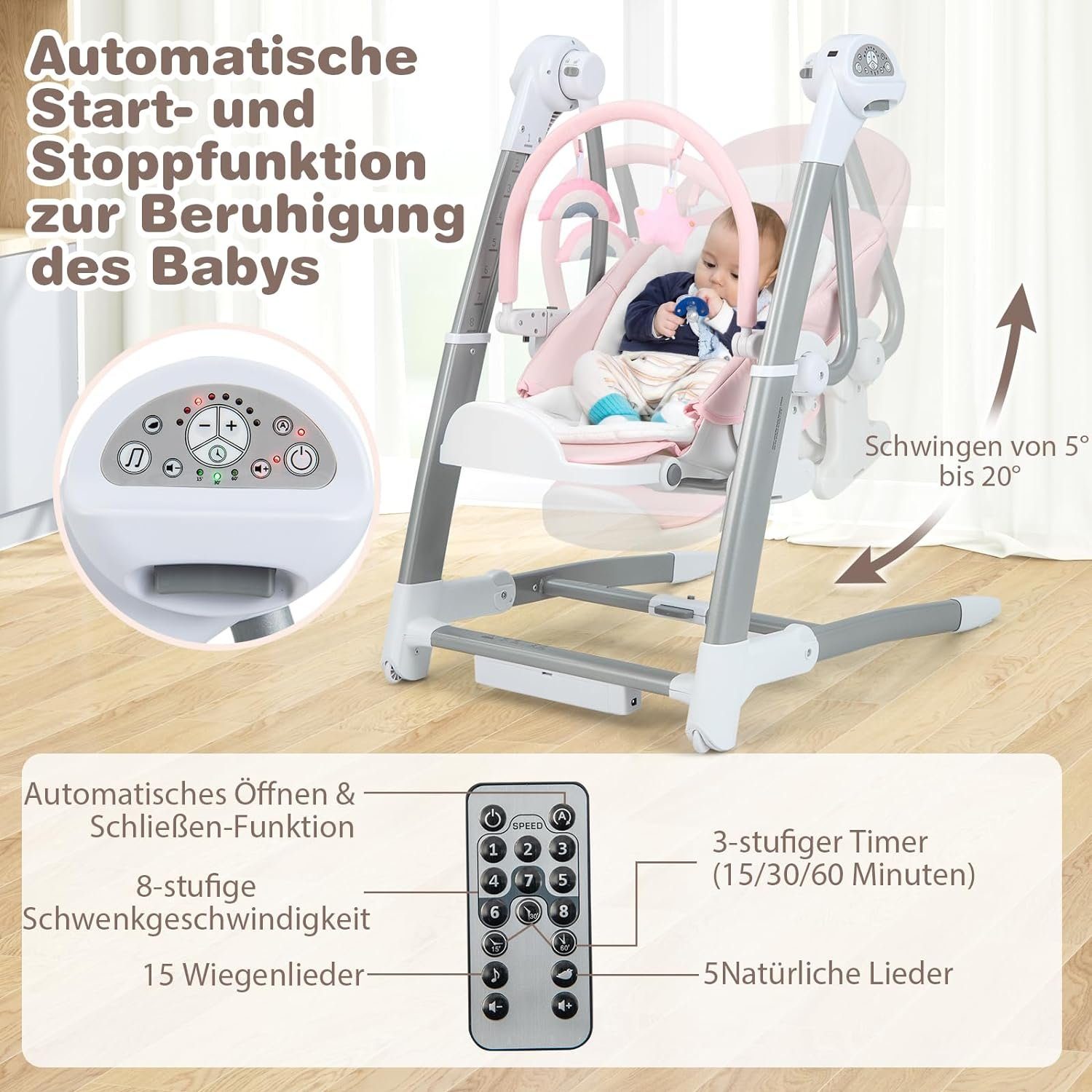 KOMFOTTEU Babyschaukel 3 in 1, mit Fernbedienung, Musik & Spielzeug, für Babys von 0-3 Jahre