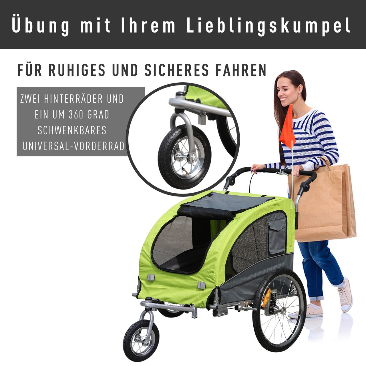 PawHut Hundeanhänger Fahrradanhänger Jogger Hunde Anhänger 2 in1 Anhänger Grün