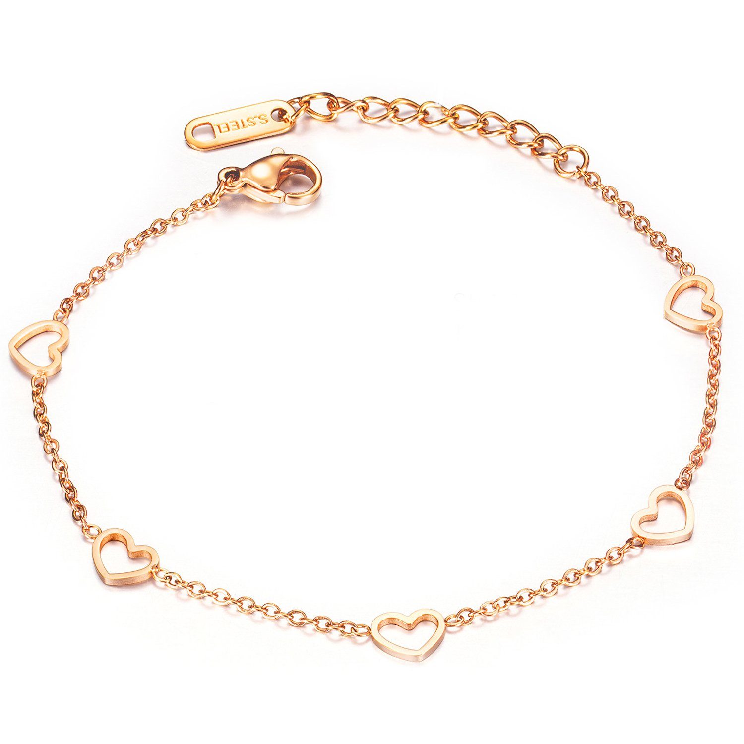 Ditz Armkette Armband Armkette Edelstahl mit Herzen in Rosegold, Freundschaftsarmband Verstellbar Dünn Schlicht