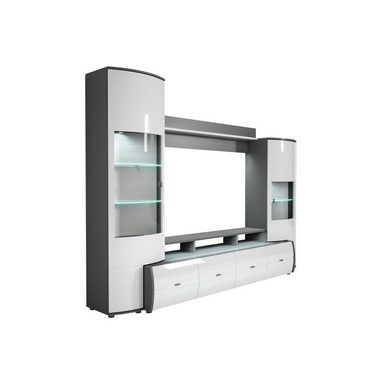 möbelando Wohnwand Gate, Moderne Wohnwand, Front aus MDF in Weiß Hochglanz, Korpus aus melaminharzbeschichteter Spanplatte in Anthrazit, bestehend aus 1 TV-Lowboard, 1 Wandboard und 2 Vitrinen, mit insgesamt 2 Türen, 7 Schubladen und 9 Einlegeböden,