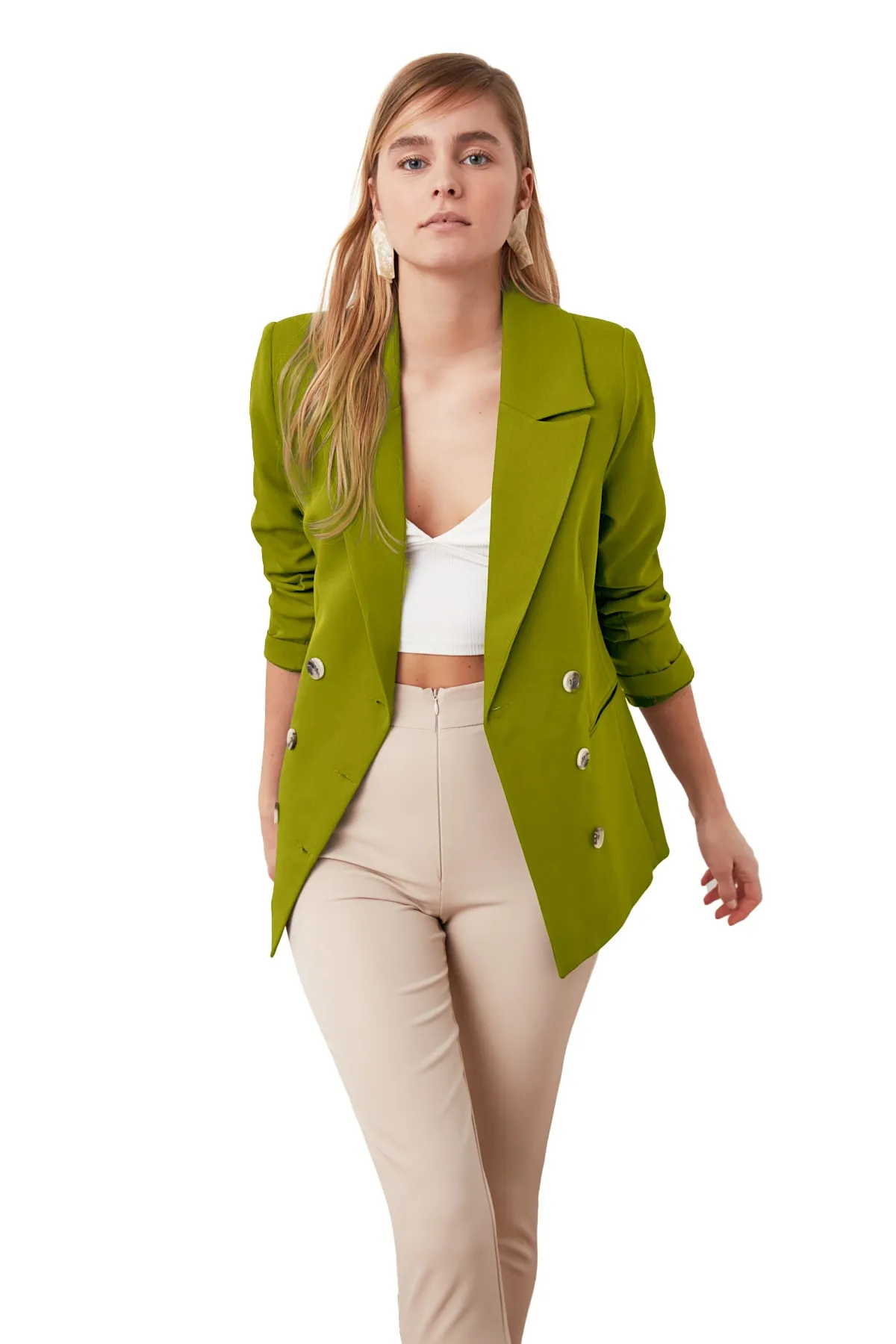 Trendyol Collection  Khakifarbene, gefütterte, zweireihige Blazerjacke aus Webstoff mit Knopfleiste TWOSS21CE0029