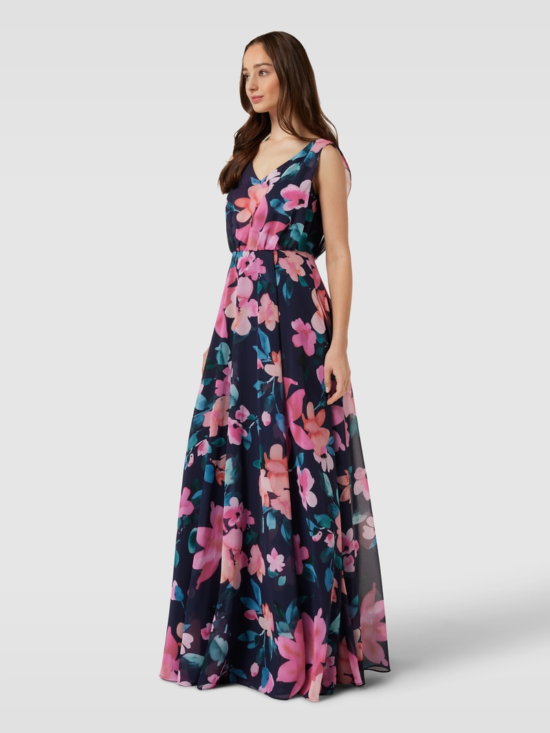 Abendkleid mit floralem Allover-Print in marineblau meliert