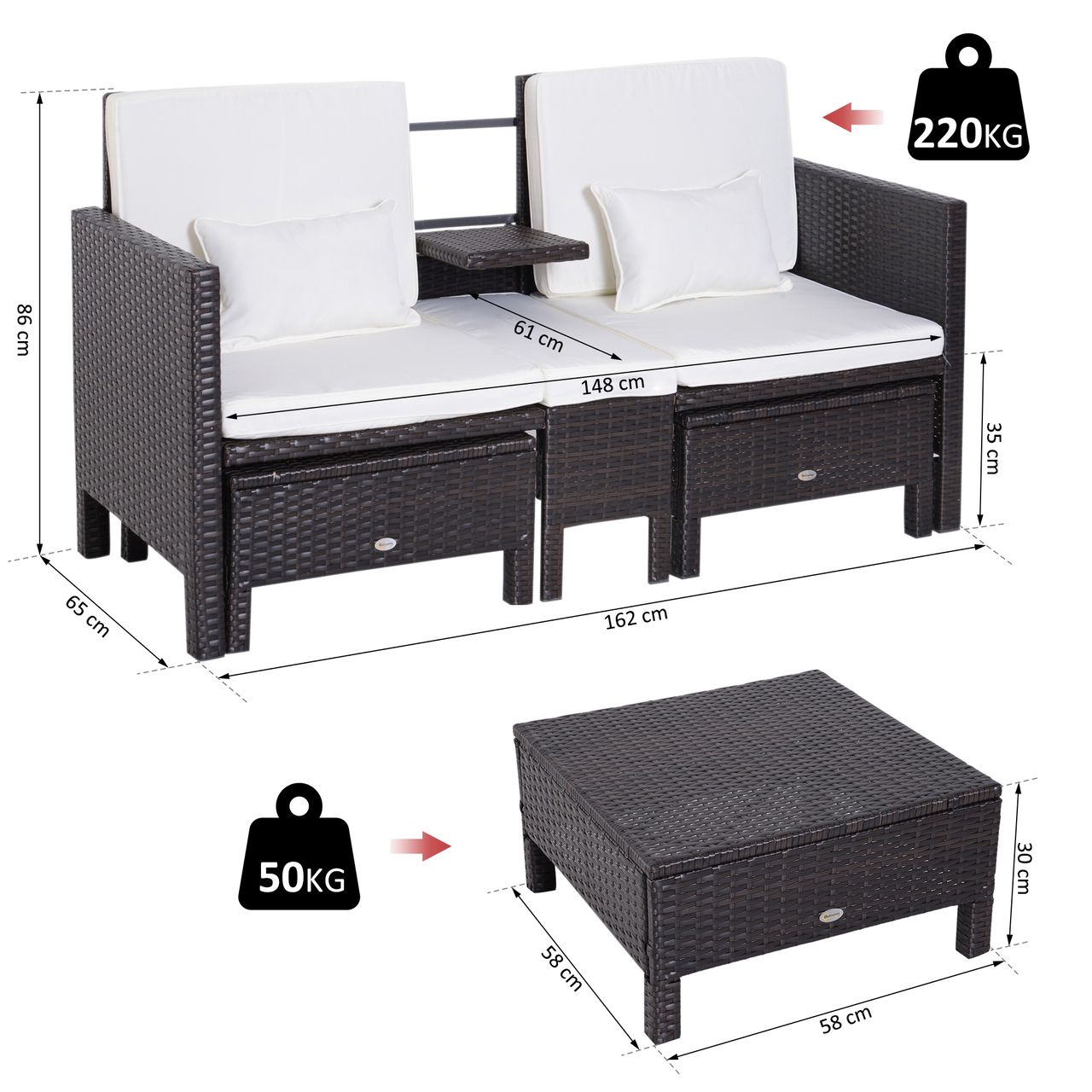 Outsunny 3-tlg. Lounge Gartenset2er-Sofa 2 x Hocker Kissen