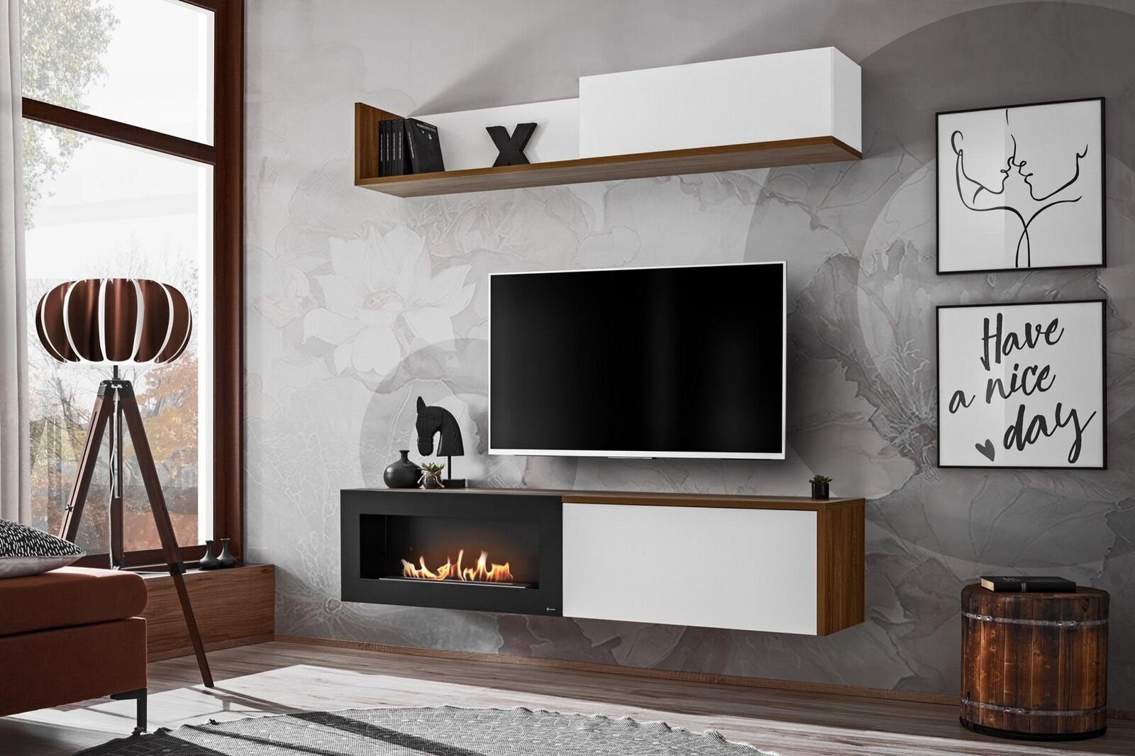 JVmoebel Wohnwand TV Ständer mit Kamin Wandregal Holz Möbel Neu, Made in Europa