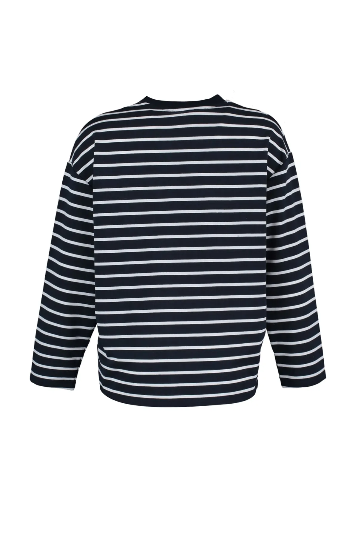 Trendyol Collection  Marineblau gestreiftes Oversize/Weit geschnittenes Rundhals-Sweatshirt aus dünnem Strick TWOAW23SW00326