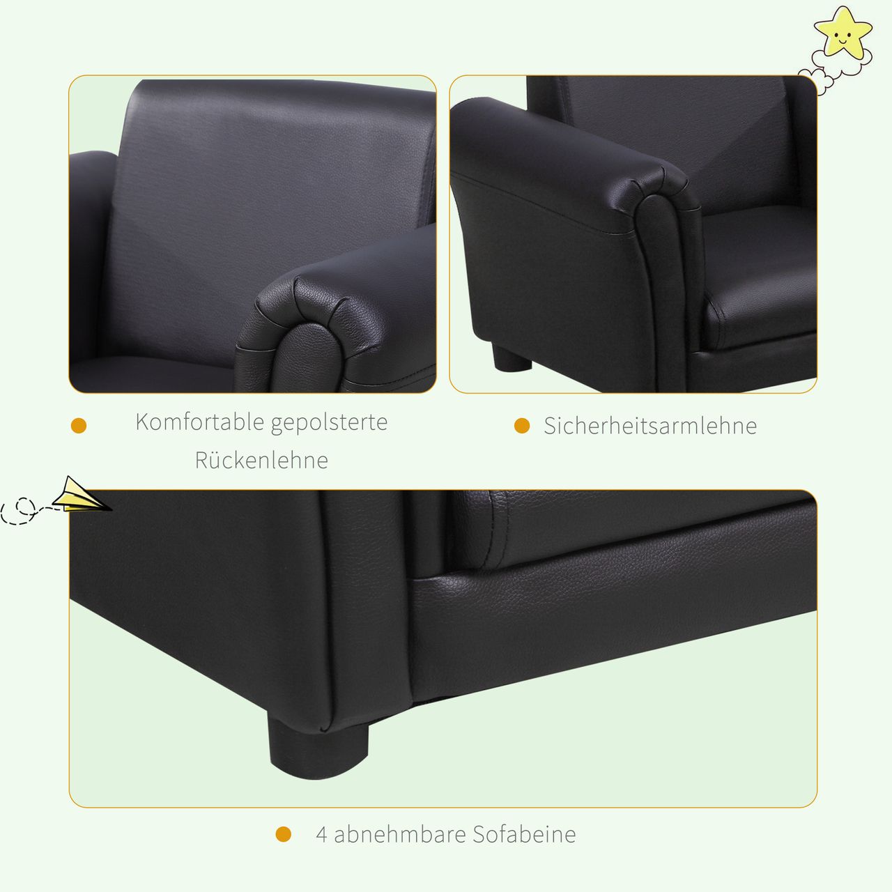 HOMCOM Kindersessel mit Fußhocker Kindercouch Kindersofa Minisofa Schwarz